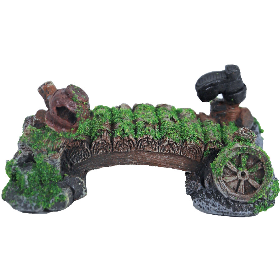 Aquarium ornament brug met mos | pot + laars | 16 cm schuilplek voor vissen
