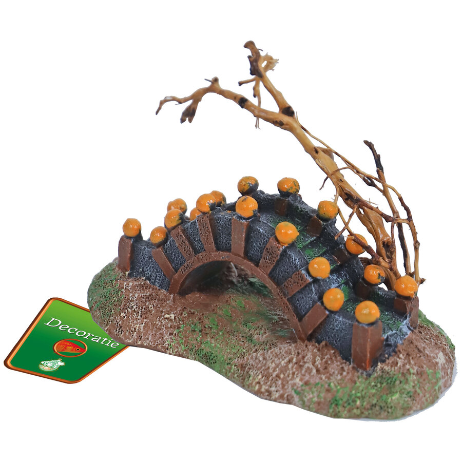 Aquarium ornament eiland met brug en boom | 13 cm | polyresin