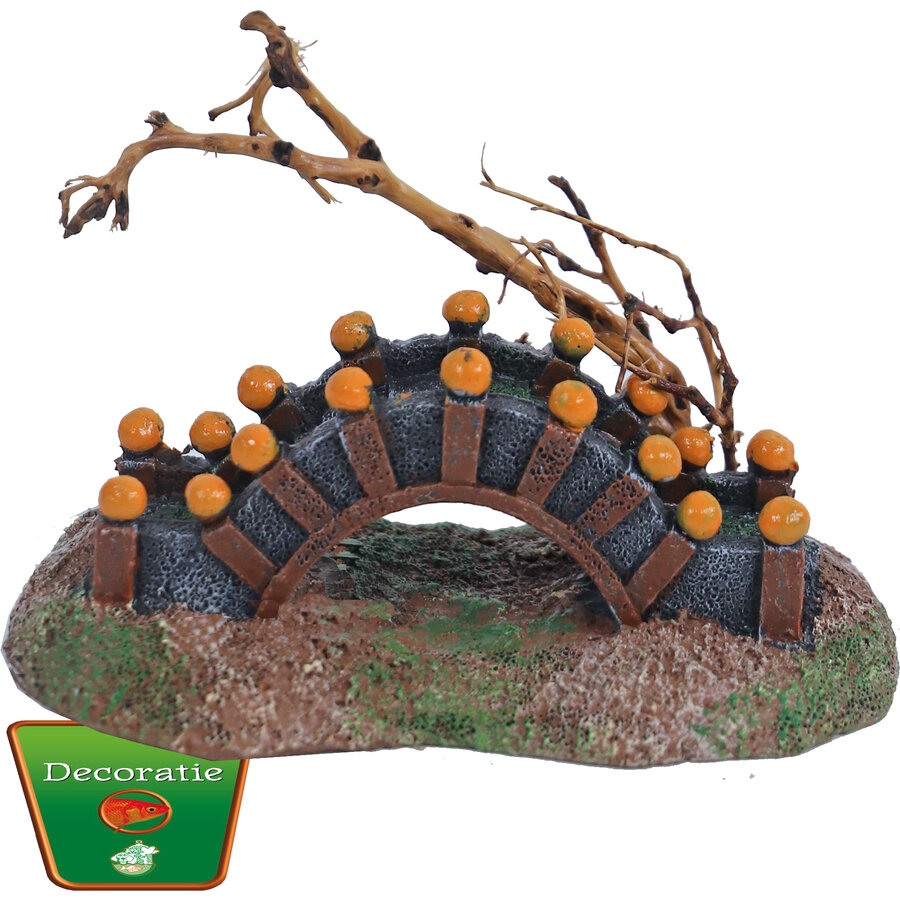 Aquarium ornament eiland met brug en boom | 13 cm | polyresin