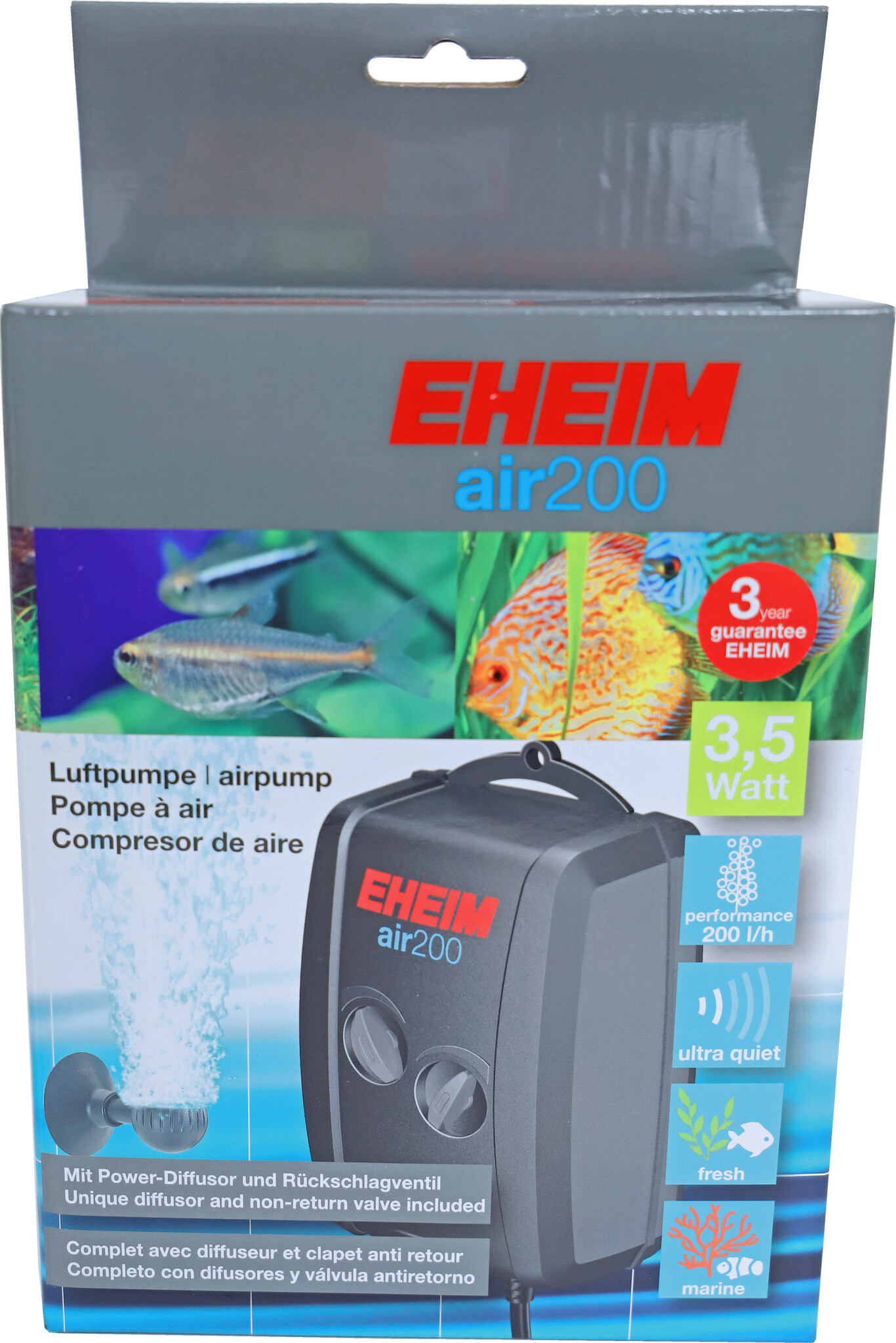 Eheim 3702010 Luchtpomp, Regelbaar Voor Zoet- En Zeewater, Pompvermogen 200 L/u, 3.5 W
