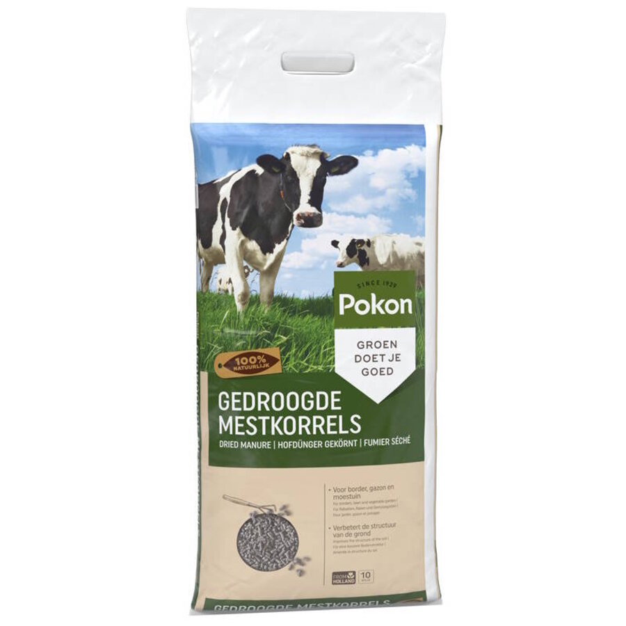 Gedroogde mestkorrels voor border, gazon en moestuin