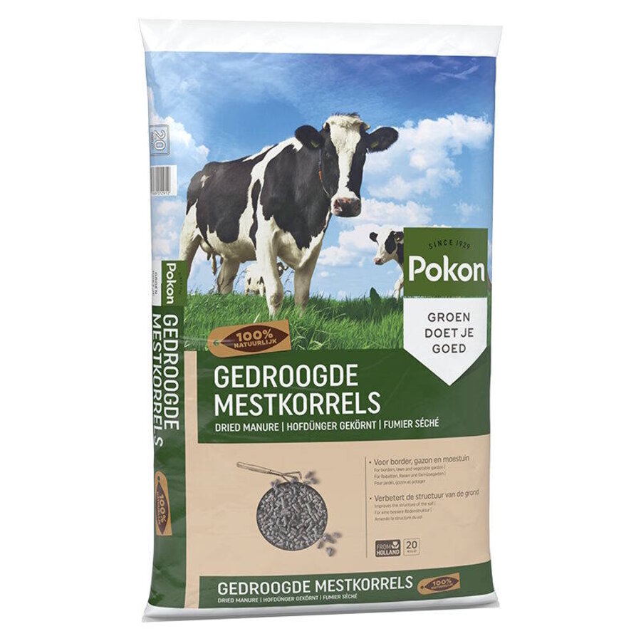 Gedroogde mestkorrels voor border, gazon en moestuin