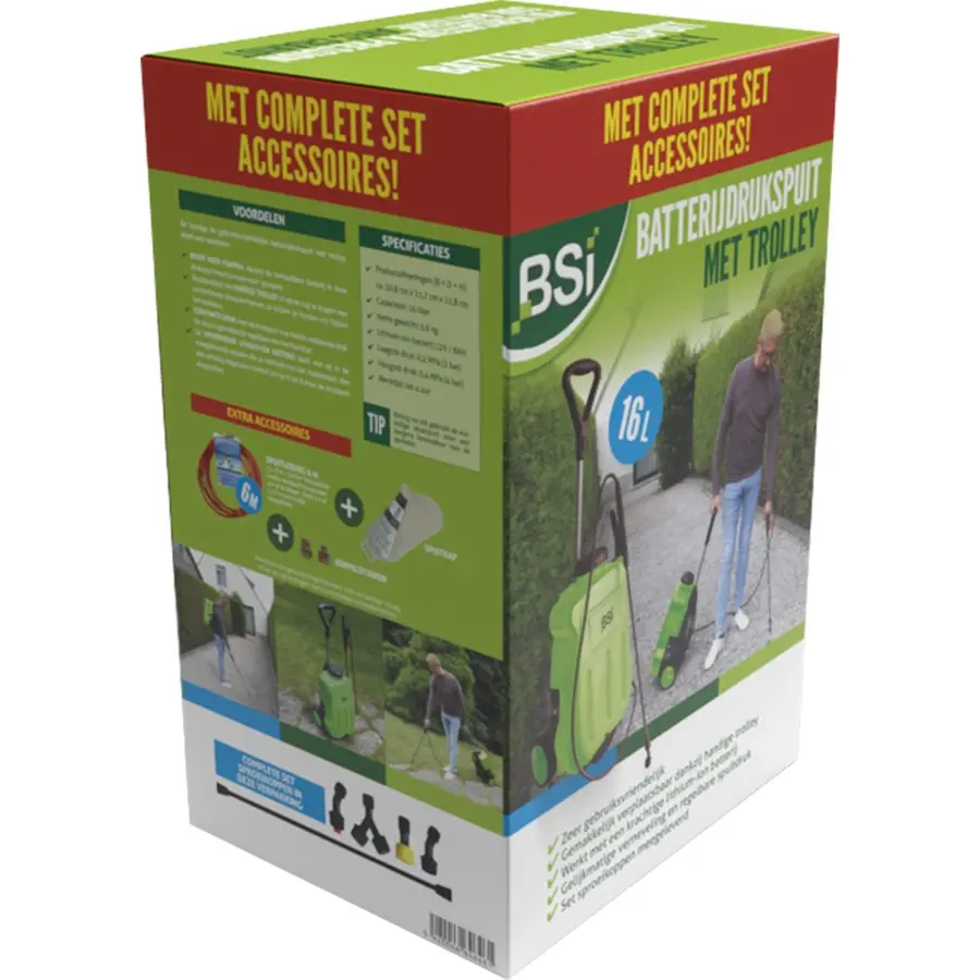 Batterijdrukspuit 16 liter met afneembare trolley, accu en 6 meter spuitleiding