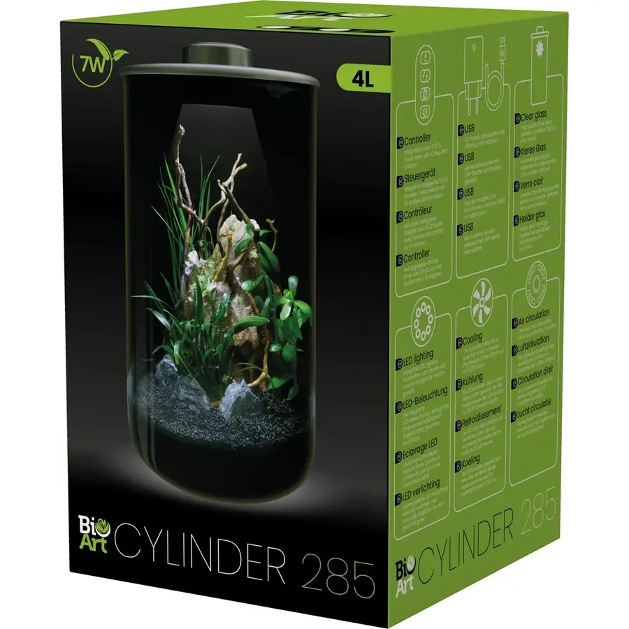 Glazen plantencilinder 285 zwart met LED 4 liter terrarium voor vochtminnende planten