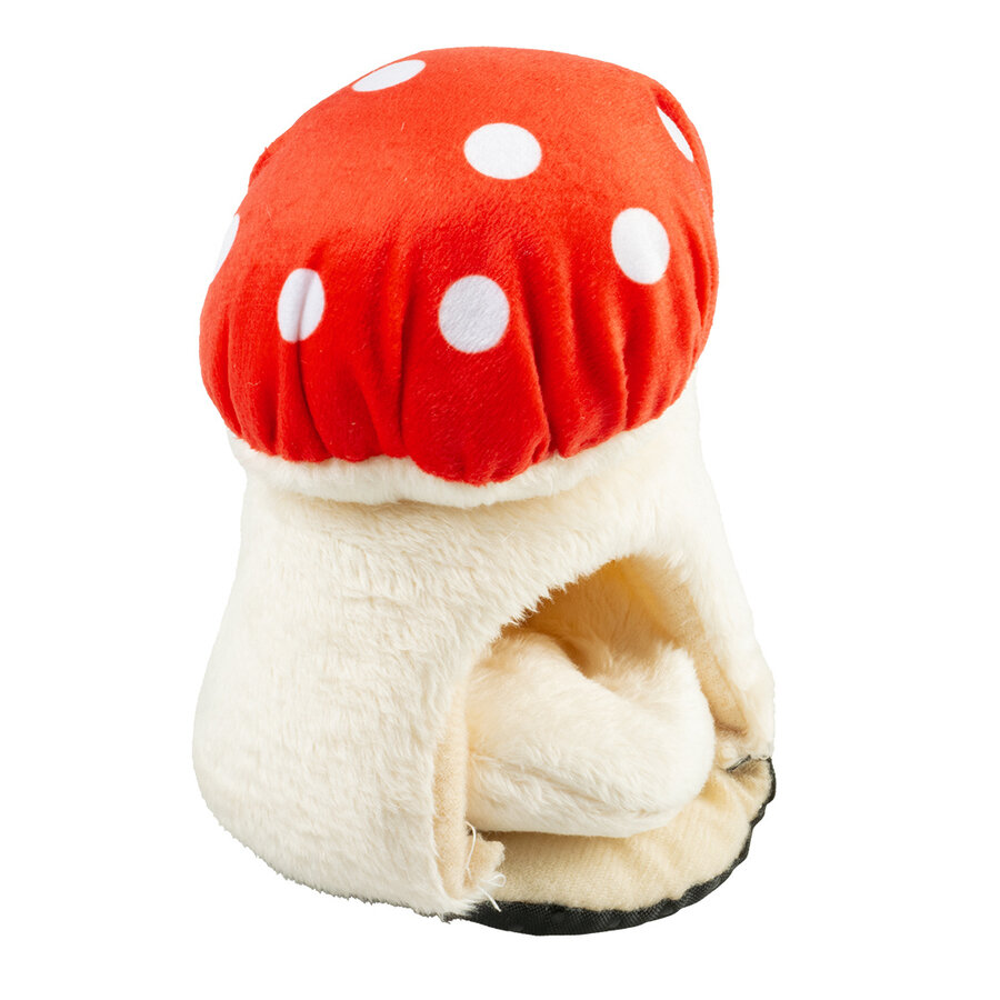 Paddenstoelhuisje pluche rood wit voor kleine knaagdieren