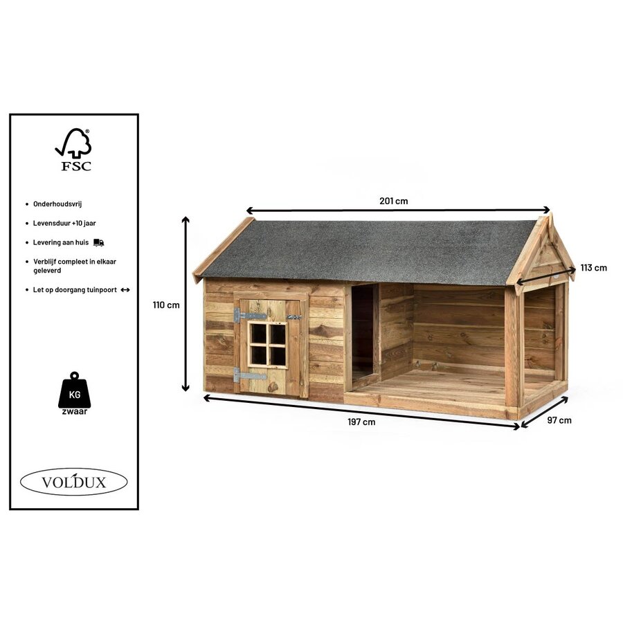 Hondenhok Naud met patio | 201 x 113 x 110 cm | nachthok 100 x 100 cm