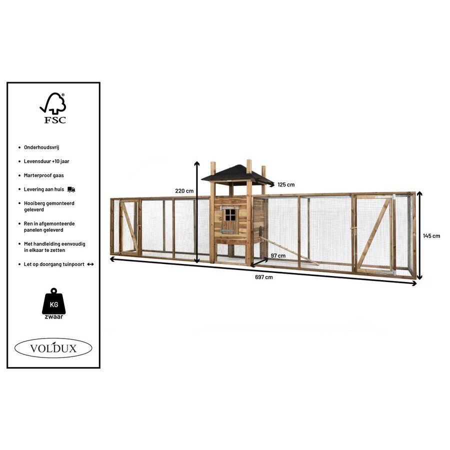Kippenhok hooiberg Fien XXL | 697 x 125 x 225 cm | nachthok met 2 rennen, legbak en zitstok