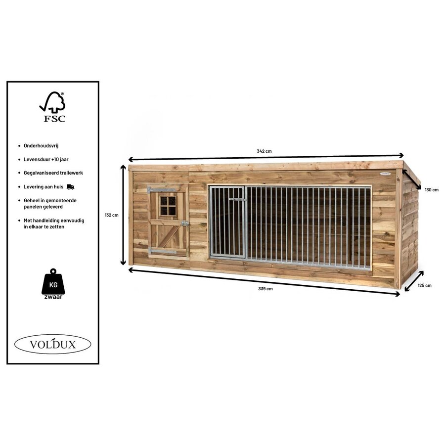 Hondenkennel Luna XL met nachthok | 342 x 130 x 132 cm | onderhoudsvrij hout