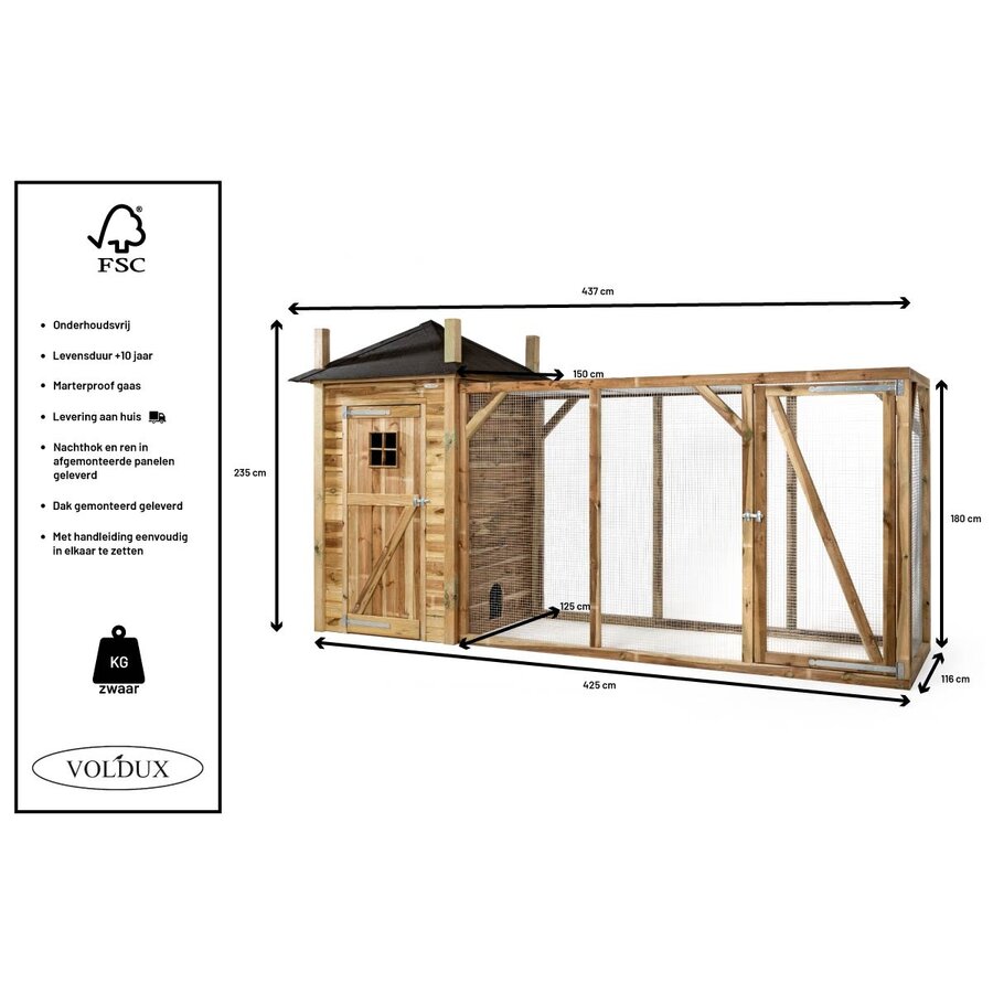 Kippenhok hooiberg Eline XL met extra grote ren 437 x 150 x 235 cm