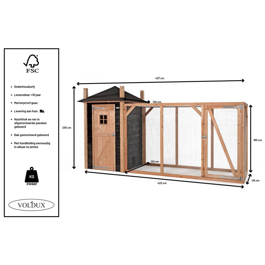 Kippenhok Hooiberg Mees XL | 437 x 150 x 235 cm | nachthok met legnest en ruime ren