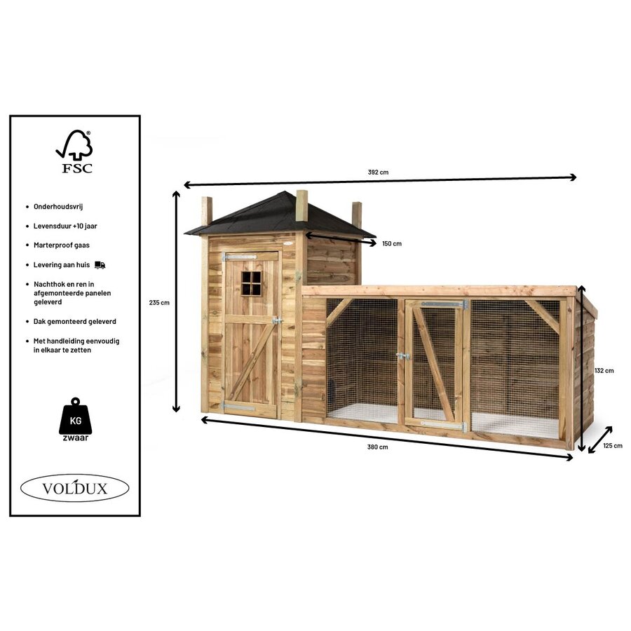 Kippenhok hooiberg met ren 392x150x235 cm | nachthok met legnest en zitstok