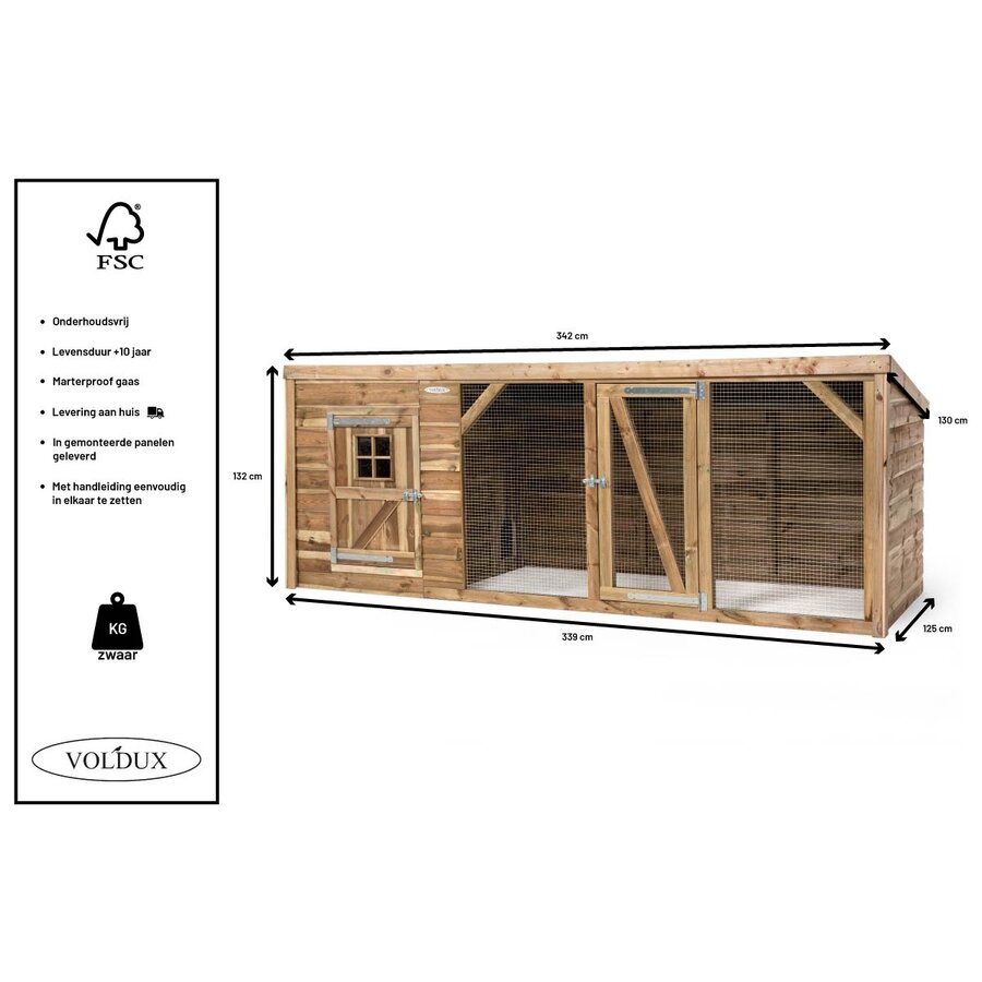 Kippenhok Britt XL met nachthok en ren | 342x130x132 cm | marterproof gaas
