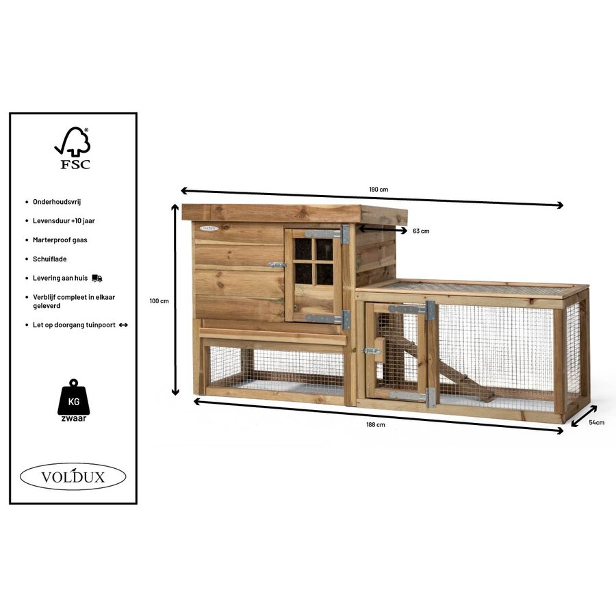 Konijnenhok met nachthok | 190 x 63 x 100 cm | geïmpregneerd hout | met loopplank