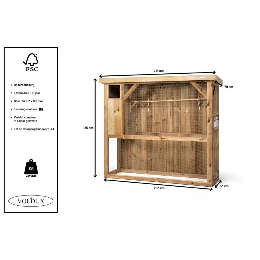Voldux Volière R1 | buitenvolière met nachthok 215x70x185