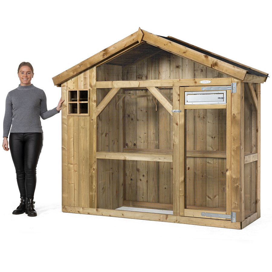 Volière S2 buiten met nachthok en twee-baks voedersysteem | 215 x 70 x 185 cm