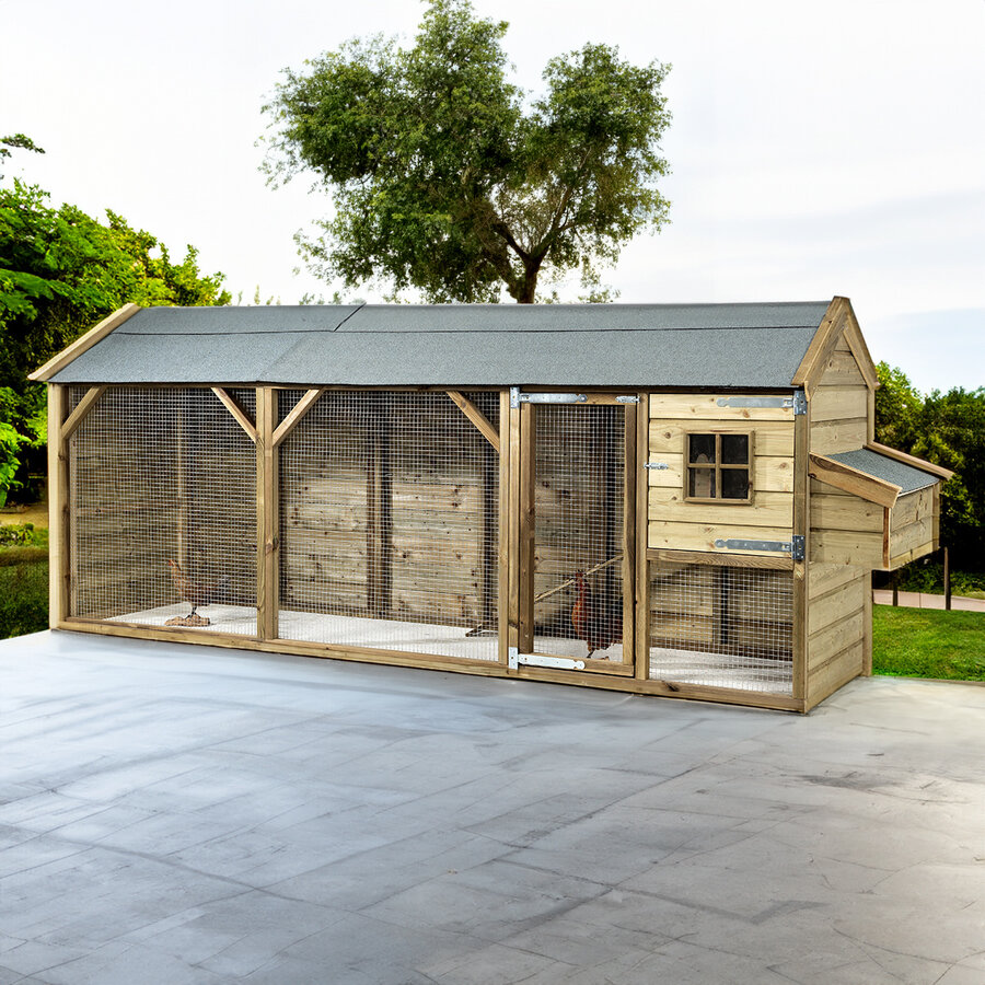 Kippenhok Eva met overdekte ren en extern legnest | 393x95x124 cm