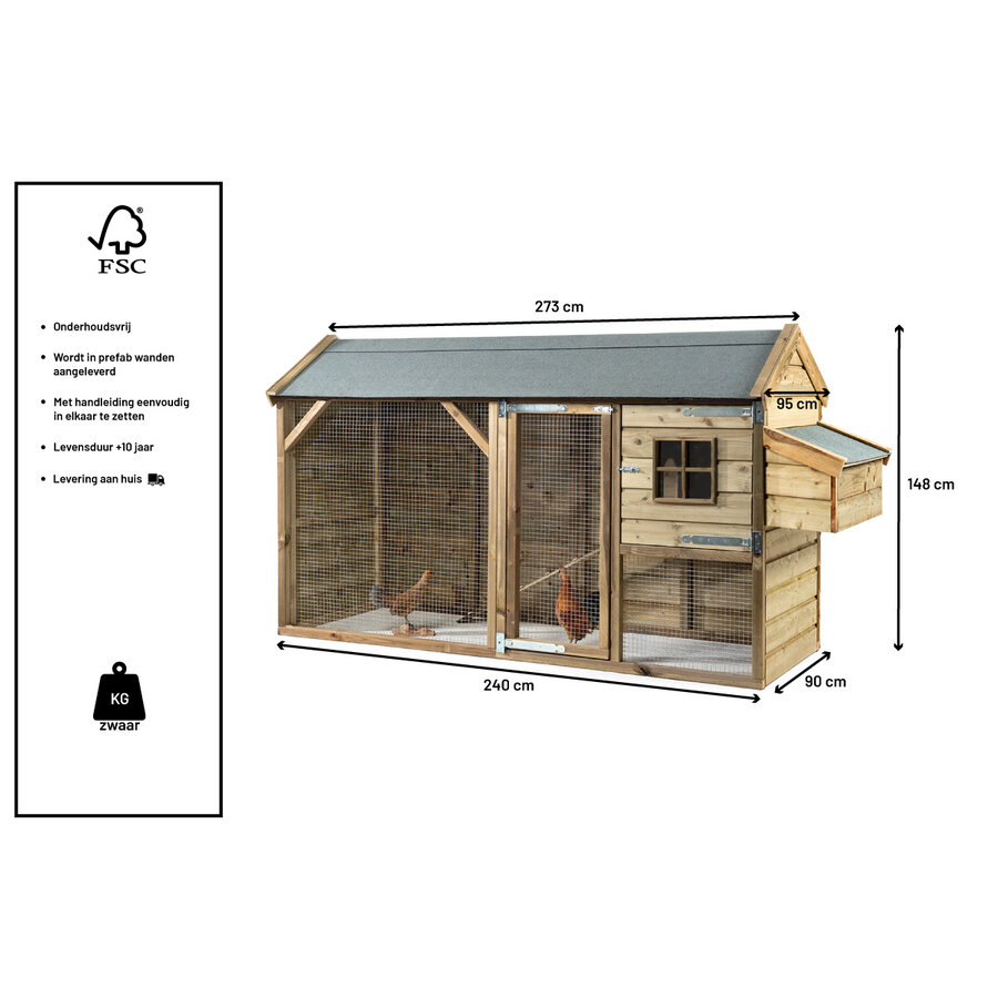 Kippenhok Loekie met overdekte kippenren 273x95x148 cm | luxe buitenverblijf met extern legnest