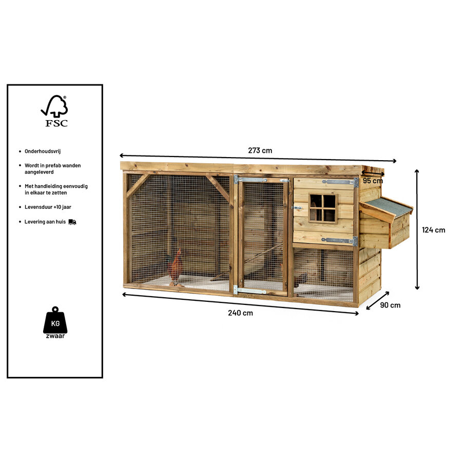 Glorenza Kippenhok Nelly 273 x 95 x 124 cm | bouwpakket met ren en legnest
