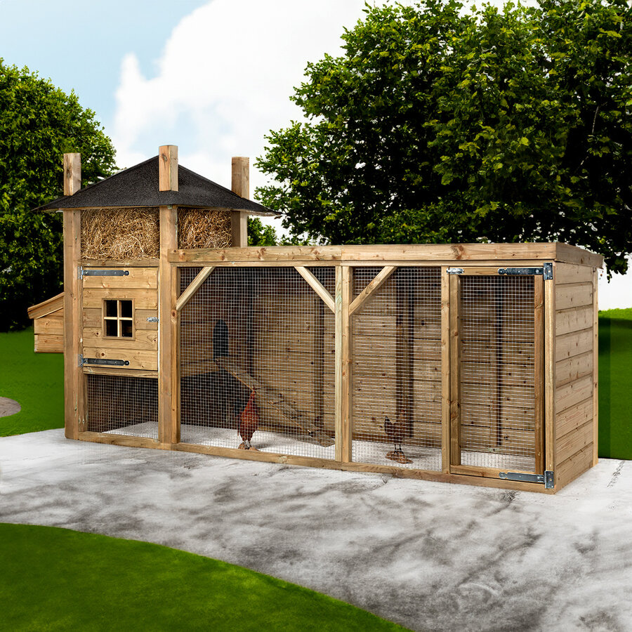 Hooiberg kippenhok met verhoogd nachthok, legnest en overdekte ren 358x110x190 cm