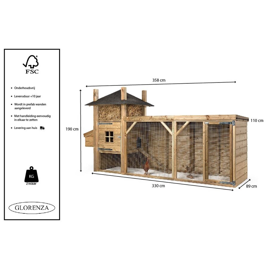 Hooiberg kippenhok met verhoogd nachthok, legnest en overdekte ren 358x110x190 cm