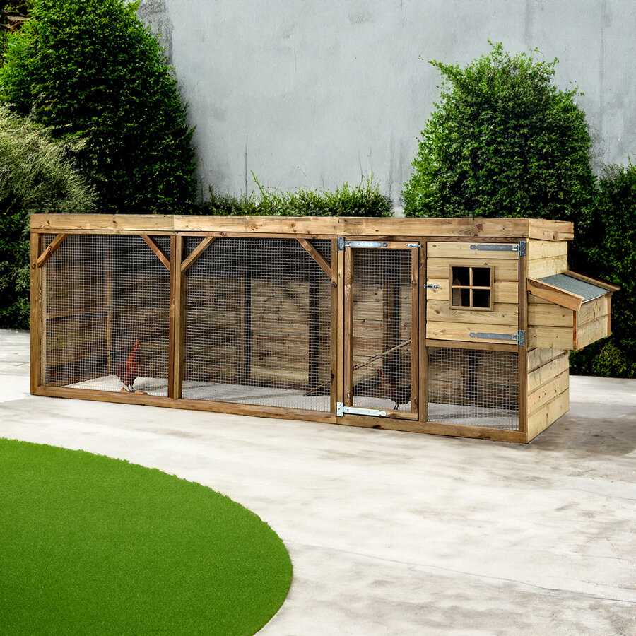 Kippenhok Toby bouwpakket 393 x 95 x 124 cm | nachthok + overdekte kippenren + extern legnest