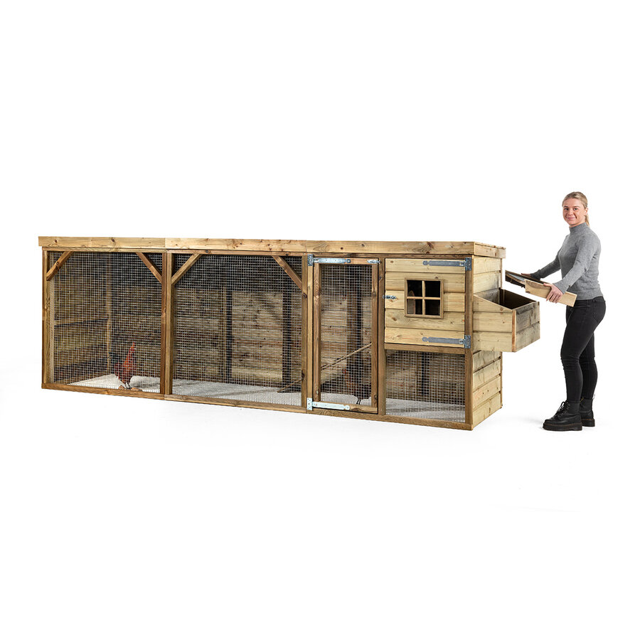 Kippenhok Toby bouwpakket 393 x 95 x 124 cm | nachthok + overdekte kippenren + extern legnest