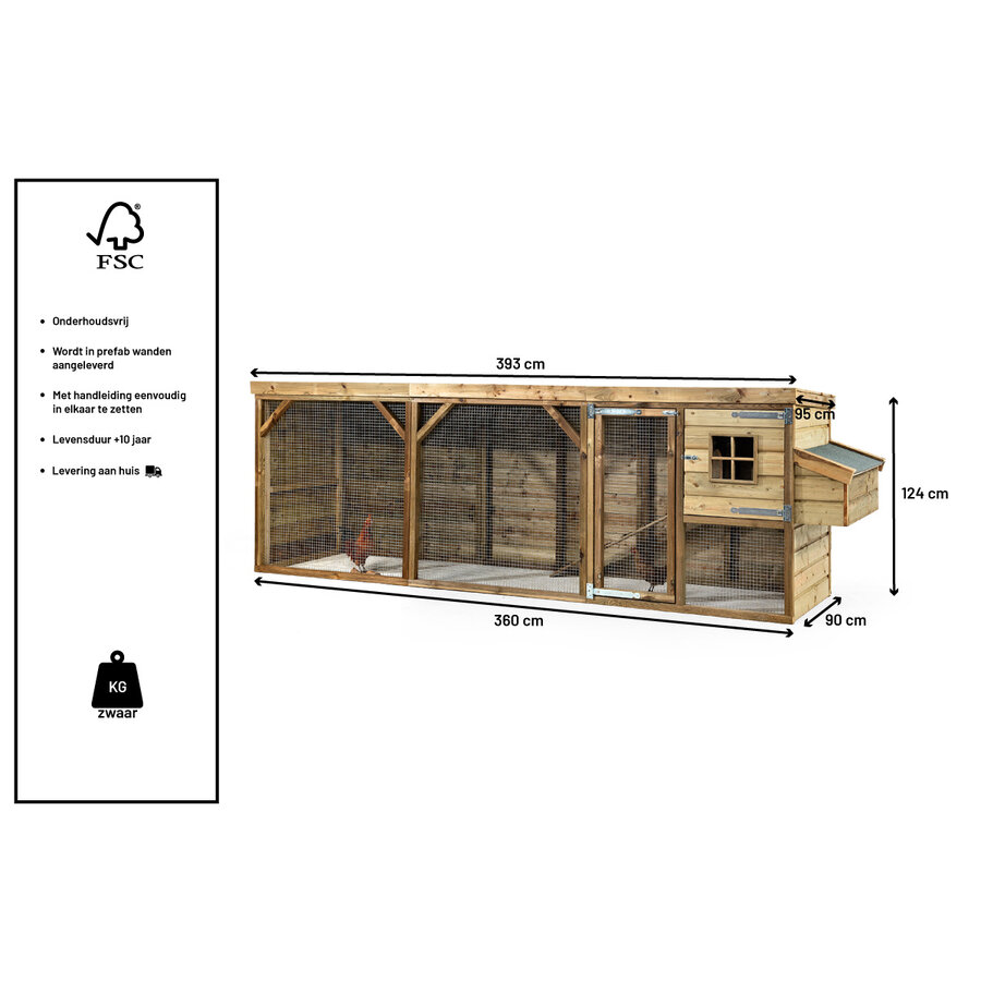 Kippenhok Toby bouwpakket 393 x 95 x 124 cm | nachthok + overdekte kippenren + extern legnest