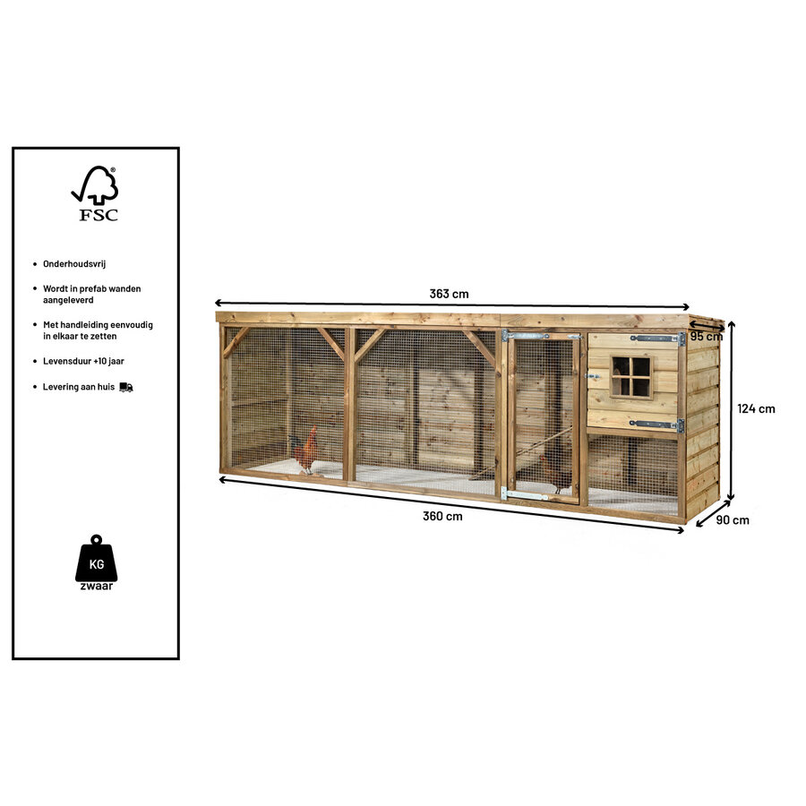 Konijnenhok Binky 363x95x124 cm | onderhoudsvrij buitenhok met verhoogd nachthok en overdekte ren