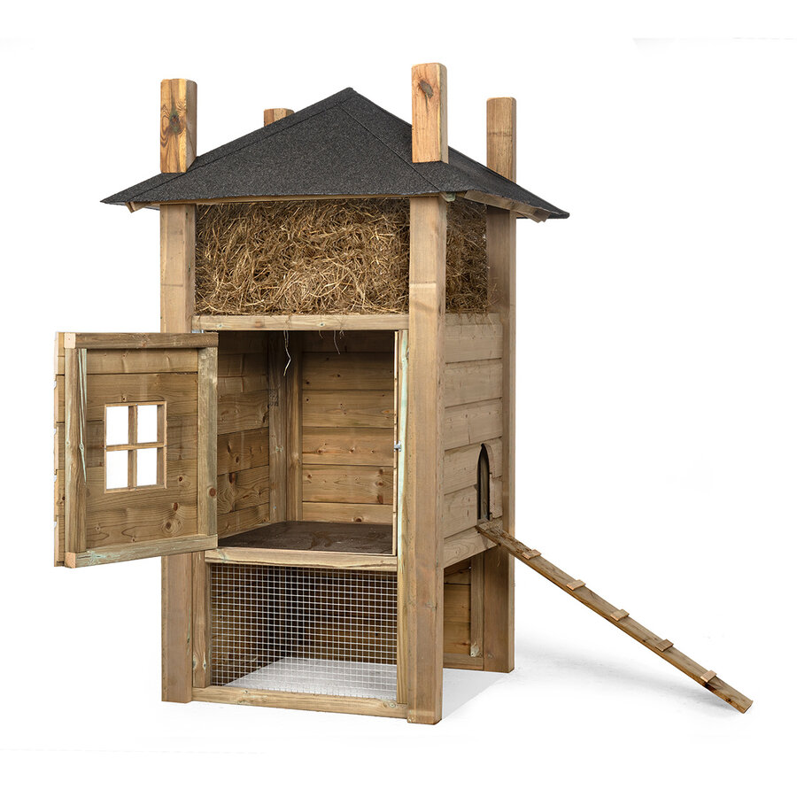Konijnenhok hooiberg bouwpakket met hooizolder en trapje 110x110x190 cm
