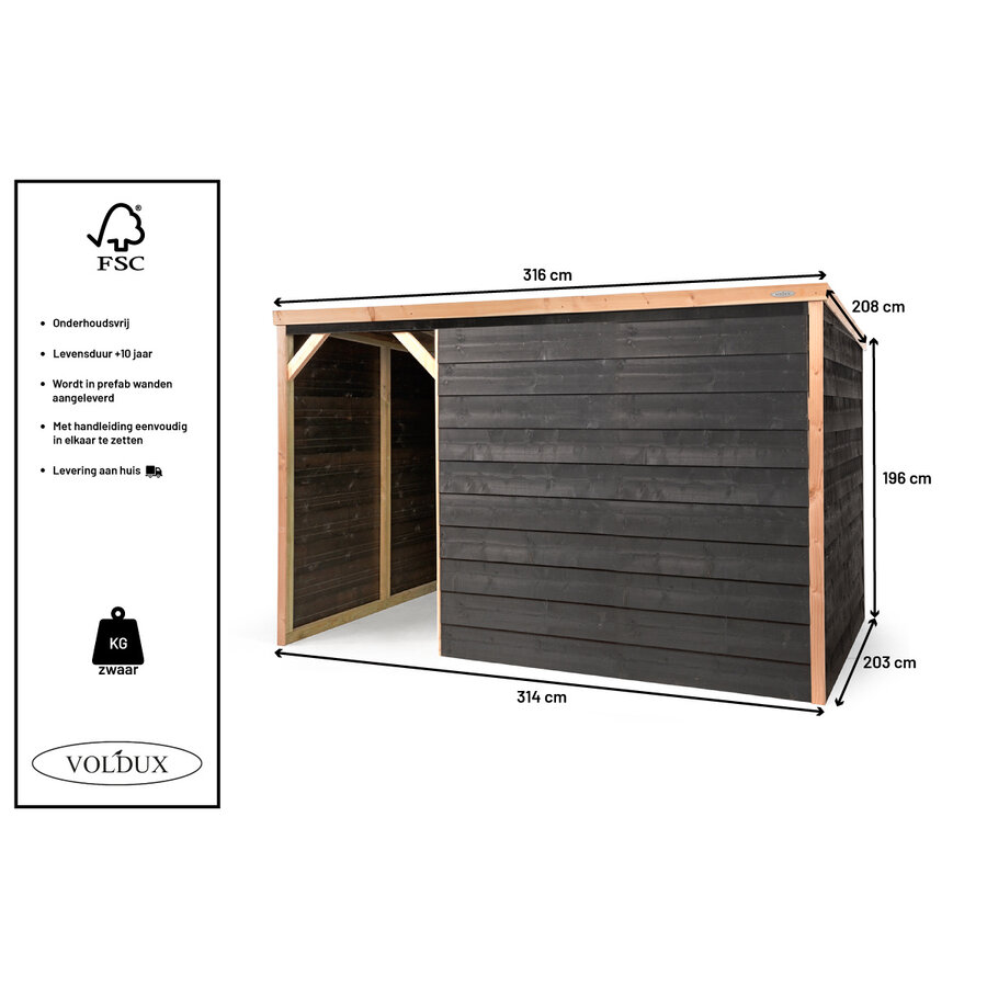 Schuilstal December | 316x208x196 cm | houten schuilplek met dakleer