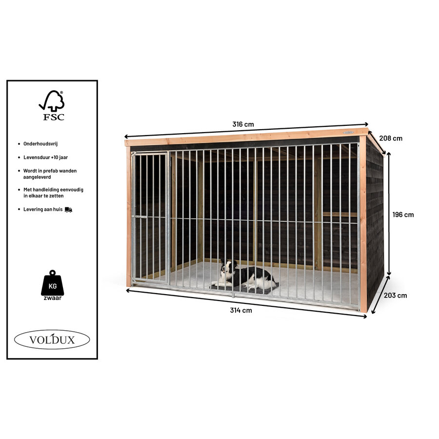 Hondenkennel Dave buiten | 316 x 208 x 196 cm | houten kennel met spijlenpaneel en deur