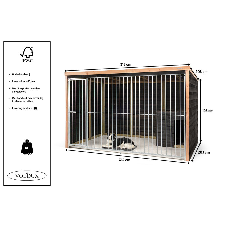 Hondenkennel met nachthok zwart | 316 x 208 x 196 cm | met deur