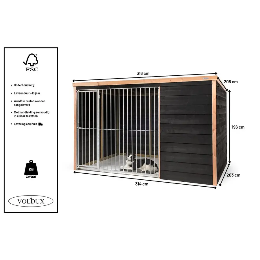 Hondenkennel Bas | buitenmaat incl. dak 316 x 208 x 196 cm | houten buitenkennel met windluw voorpaneel