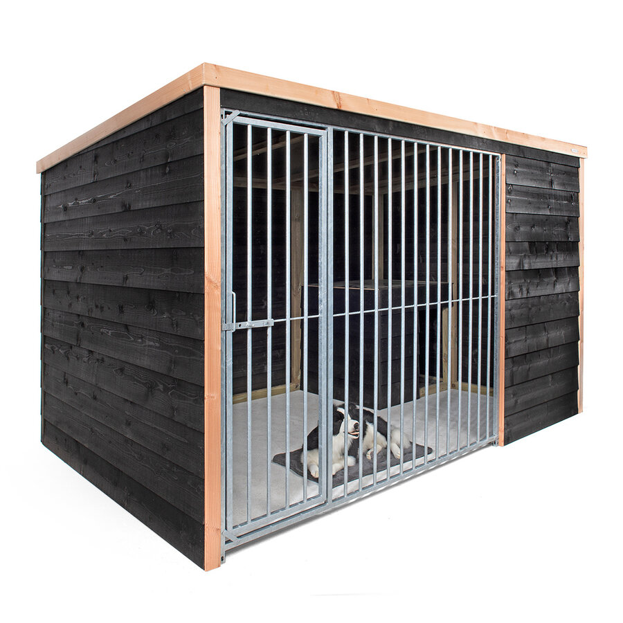 Hondenkennel Rex met nachthok en spijlenpaneel | buitenmaat incl. dak 316 x 208 x 196 cm | windluw ontwerp | betonplex bodem