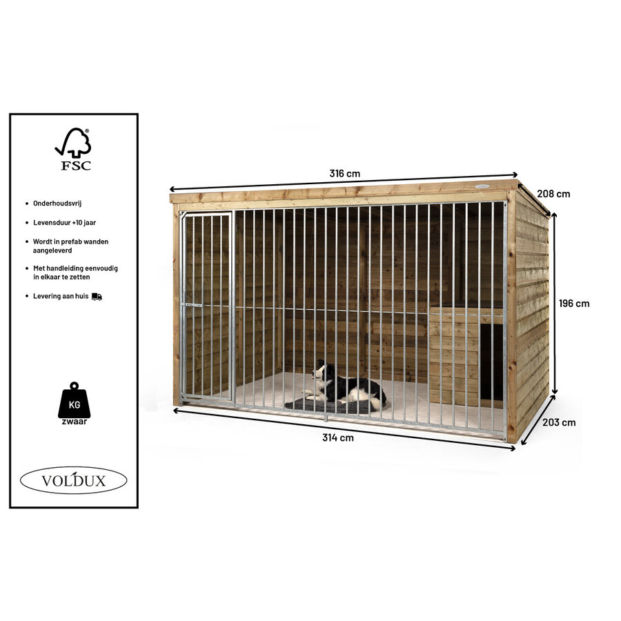 Hondenkennel met nachthok Max | 316 x 208 x 196 cm | onderhoudsvrij buitenverblijf