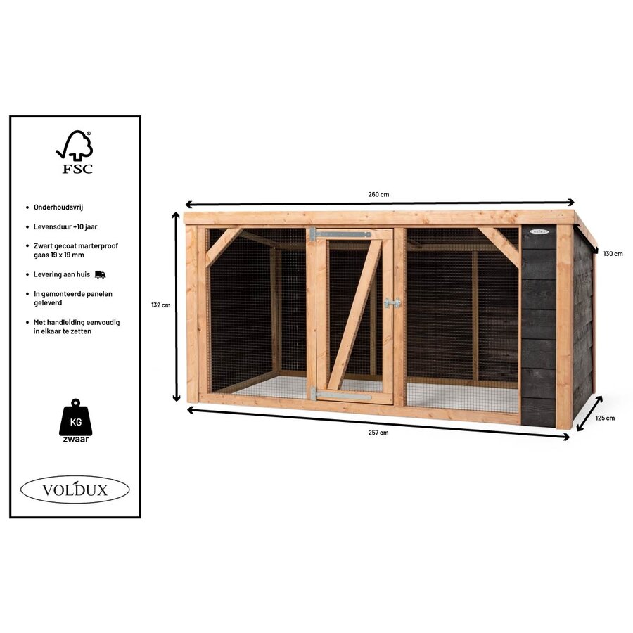 Overdekte kippenren Milan | 260 x 130 x 132 cm | onderhoudsvrij Douglas hout | zwart | maas 19 x 19 mm