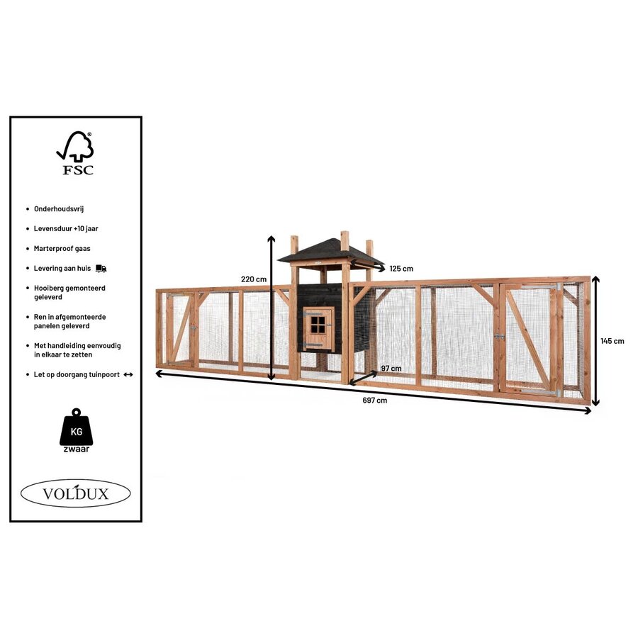 Kippenhok hooiberg Ties XXL | 697 x 125 x 225 cm | met dubbel renvak en nachthok