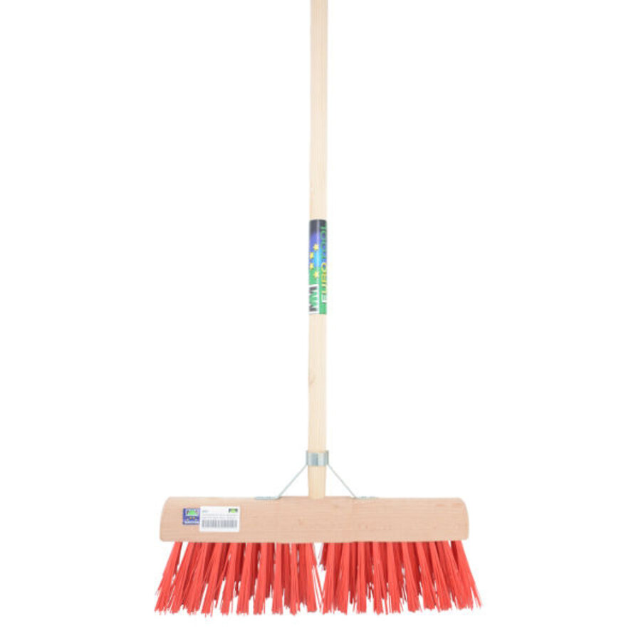 Gemeentebezem 45 cm met rode kunstvezels, steel 140 cm en stokhouder