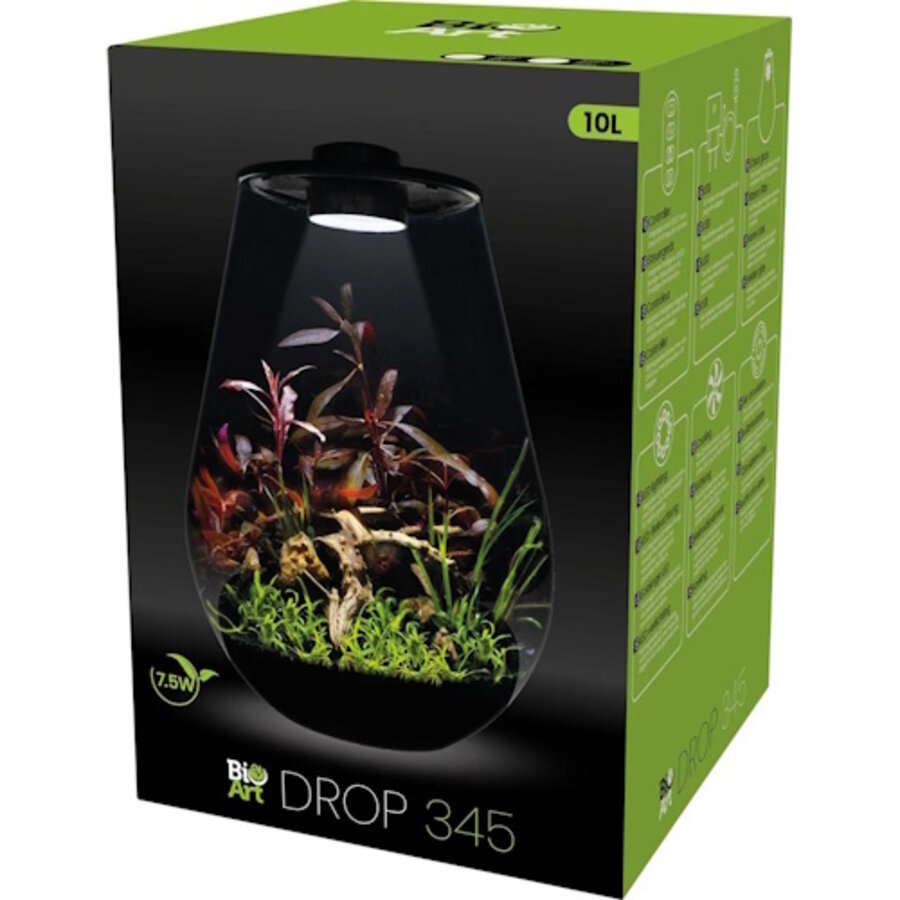 Drop 345 Zwart druppelvormig terrarium 10 liter met dimbare LED en ventilatie