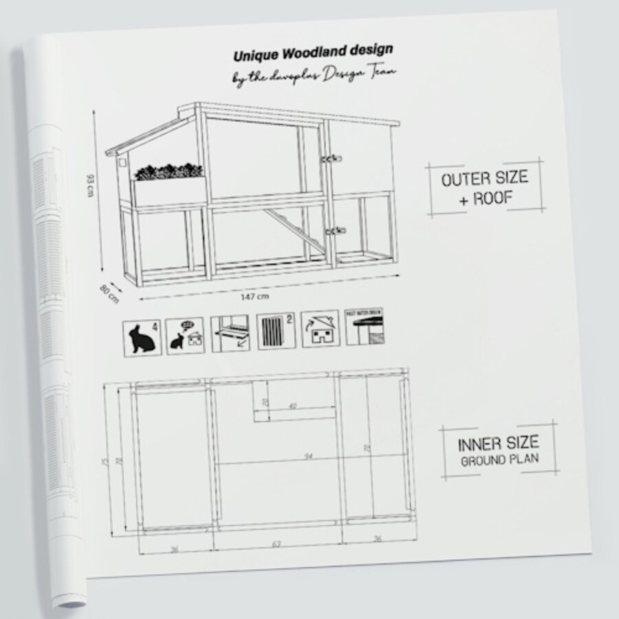 Woodland Design konijnenhok Bunny Barn houtkleurig | 147 x 80 x 93 cm
