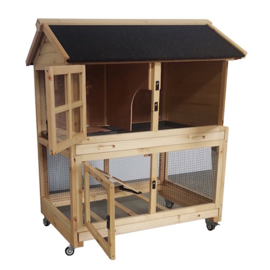 Woodland konijnenhok met wielen Flappy pinus Houtkleurig