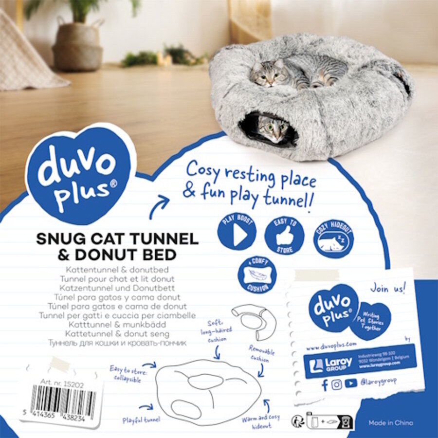 Snug kattentunnel & donutbed 80x80x25cm lichtgrijs
