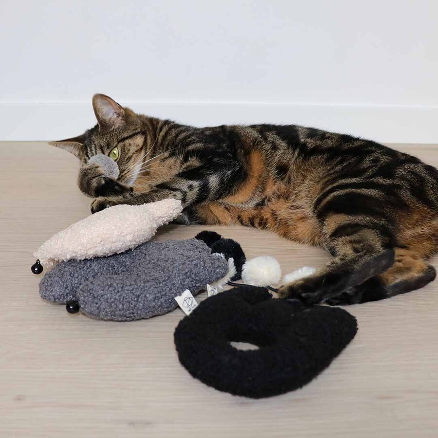 Trappelkussen Belle Zwart met belletje, pluizige balletjes en knisperfolie – kattenspeeltje 21 cm