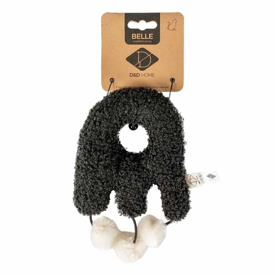 Trappelkussen Belle Zwart met belletje, pluizige balletjes en knisperfolie – kattenspeeltje 21 cm