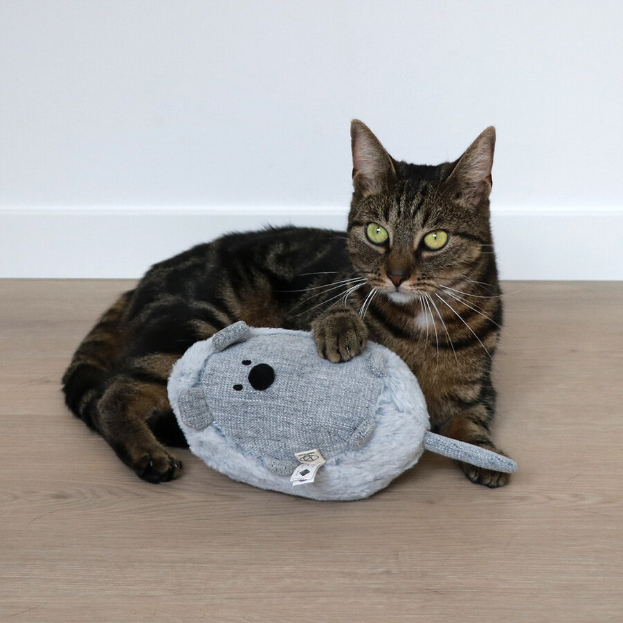 Trappelkussen Bowie Lichtgrijs – muisvormig kattenspeeltje van chenille & plush met catnippocket