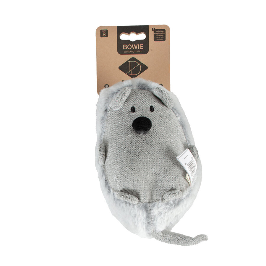 Trappelkussen Bowie Lichtgrijs – muisvormig kattenspeeltje van chenille & plush met catnippocket