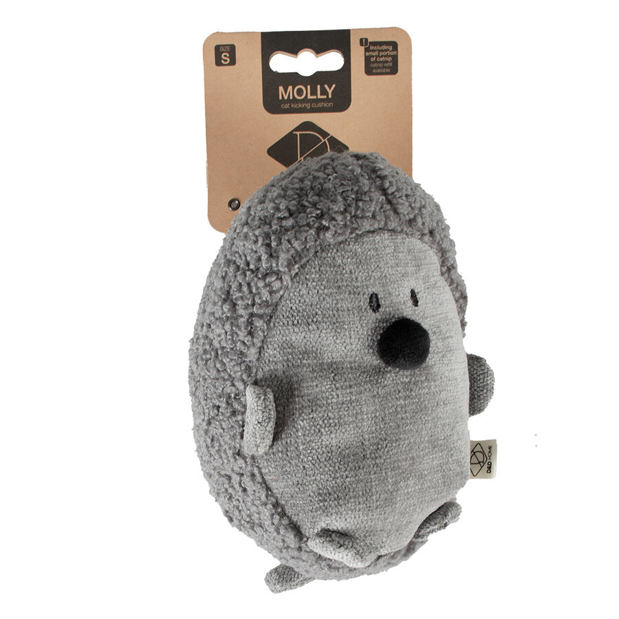 Trappelkussen Molly Donkergrijs – molvormig kattenspeeltje van chenille & teddy met catnippocket