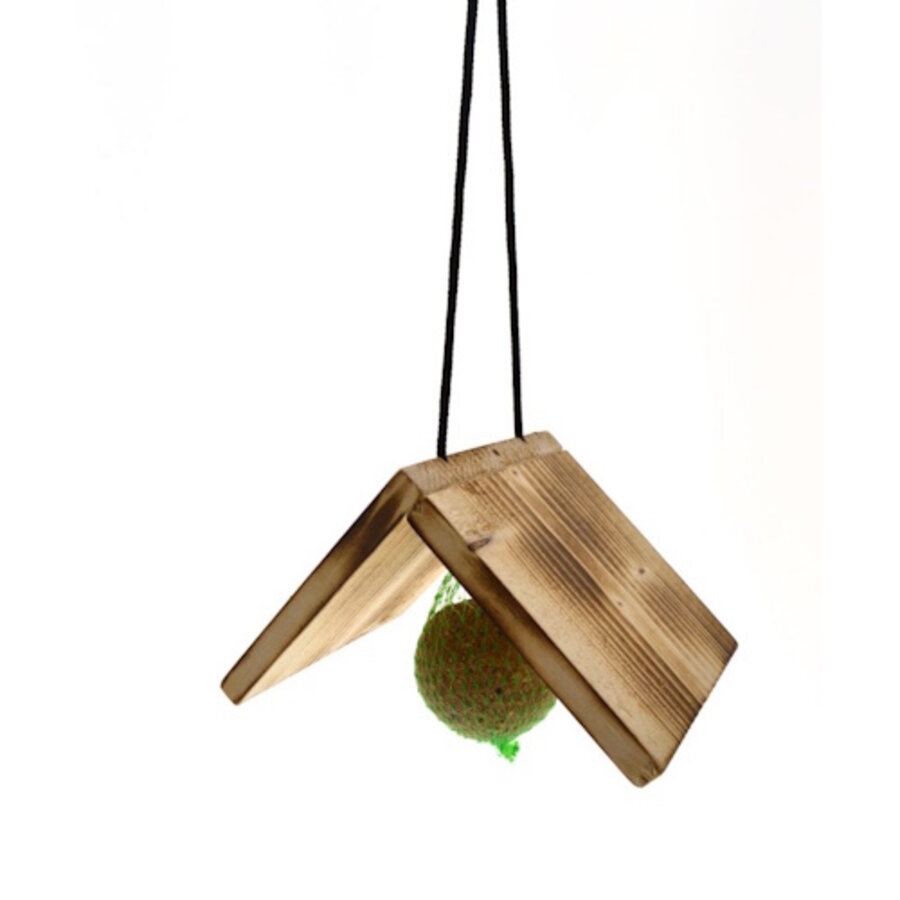 Vetbolhouder met houten dakje – vurenhouten vogelvoerhouder voor mezenbollen