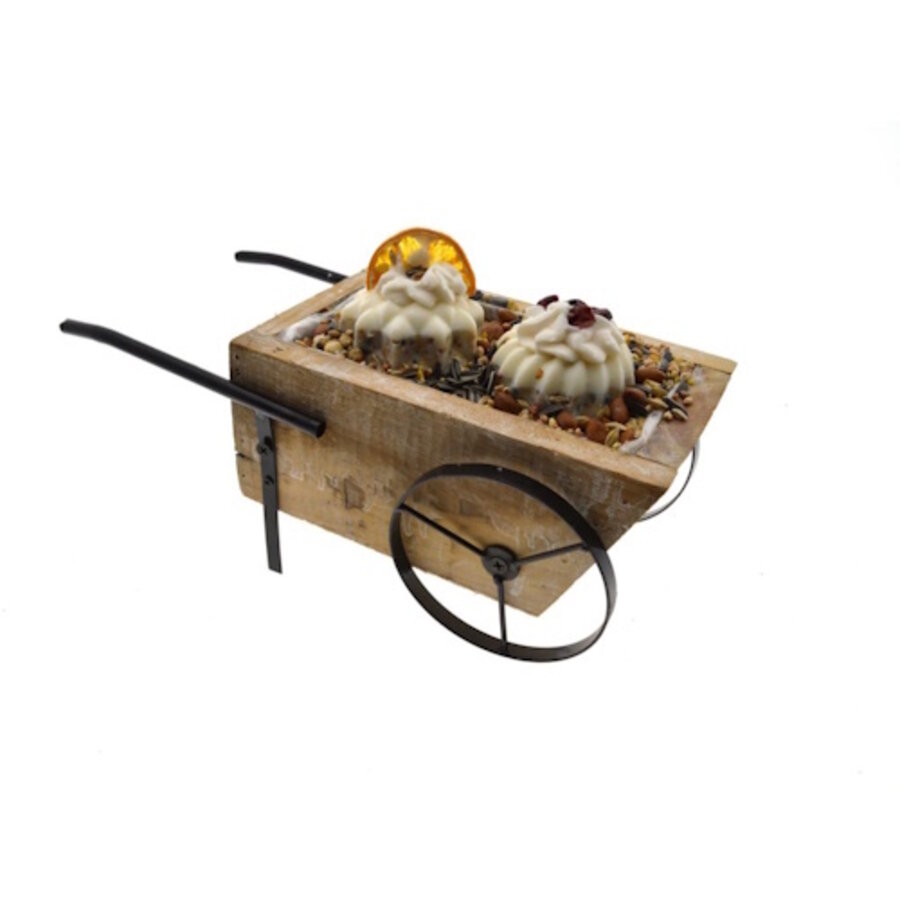 Vogeltaart in kruiwagen – feestelijke traktatie voor tuinvogels in cadeauverpakking