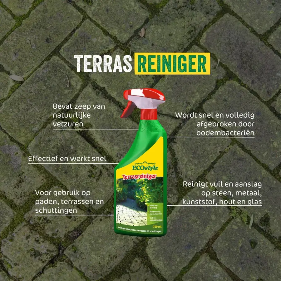 Terrasreiniger gebruiksklaar - biologische spray tegen groene aanslag op steen, hout, metaal en glas